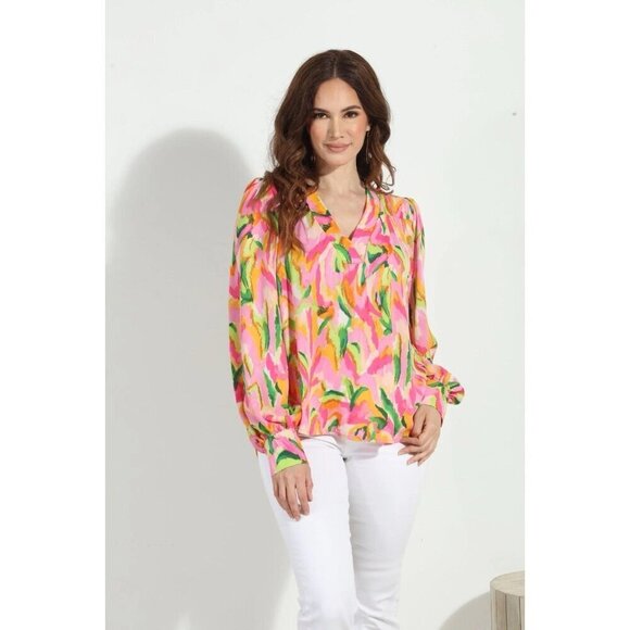 Veronic M V-Neck Multicolor Politan Spring Blouse Size Large Flowy Preppy - Picture 1 of 7